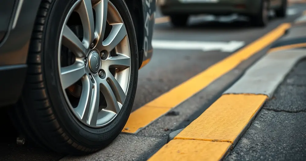 Carro estacionado junto ao meio-fio ao lado de faixa amarela pintada na via, em close da roda